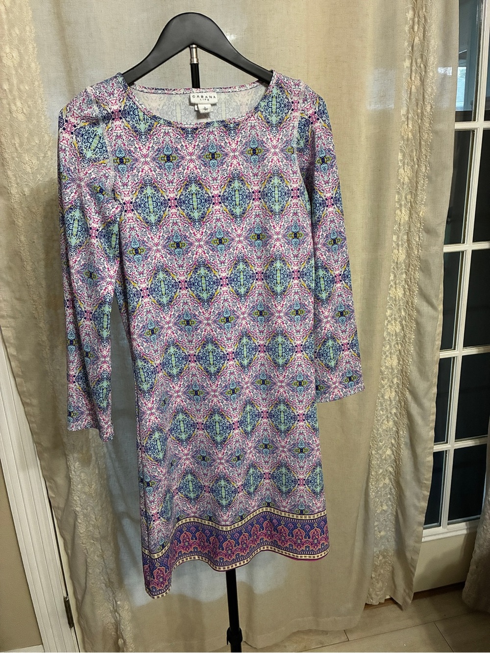 Cabana Life Purple and Blue Geometric Long-Sleeve Shift Dress